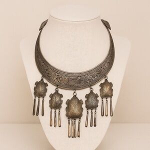 Vintage Hmong Thai Silver Frog Necklace Etched Bib w/ Charms 1970s Festival